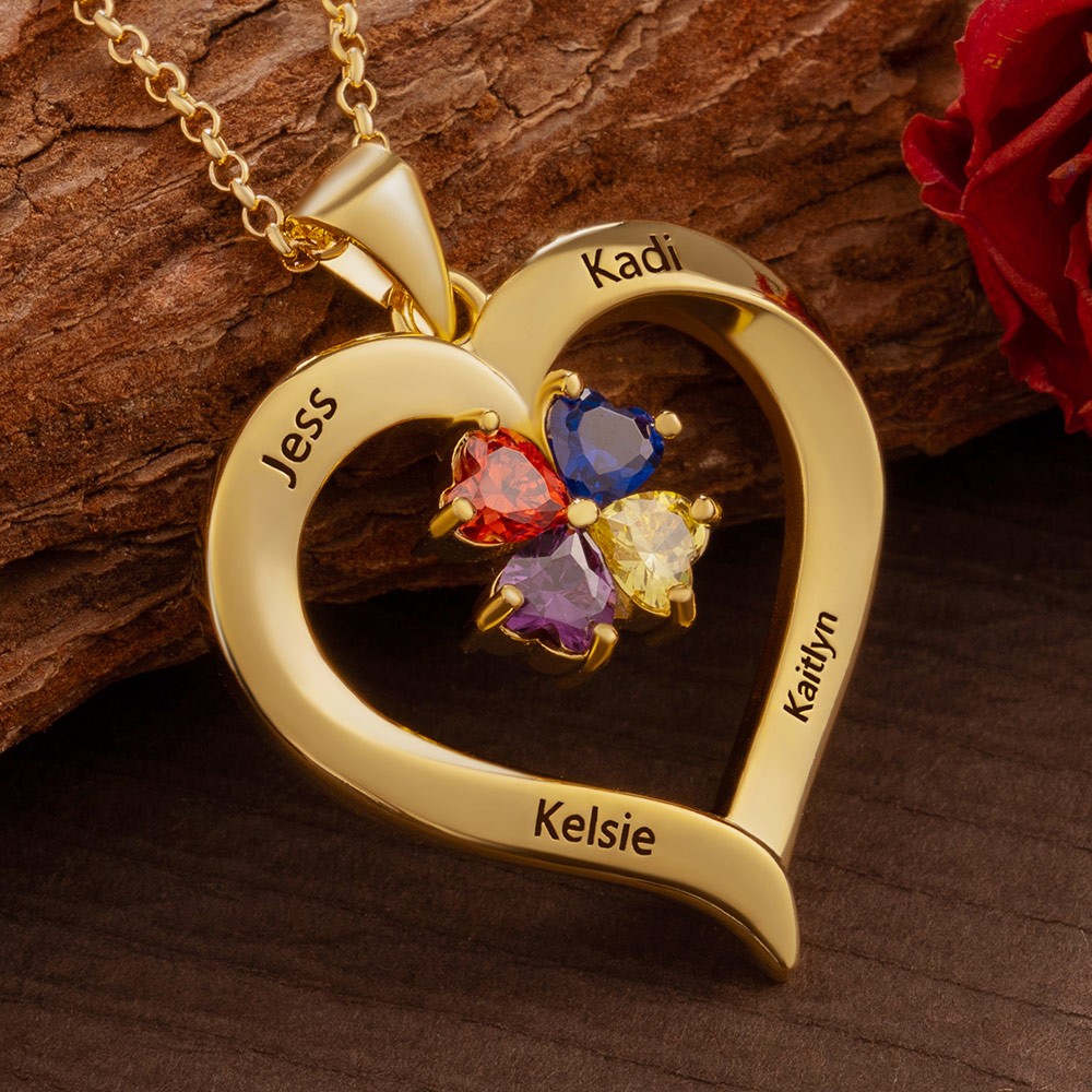 Personalized Heart Necklaces With Names and Birthstones For Mother's Day Gift