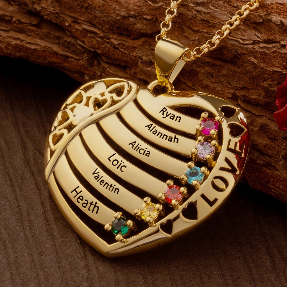 Personalized Heart Necklace with Names and Birthstones For Mom Mother's Day