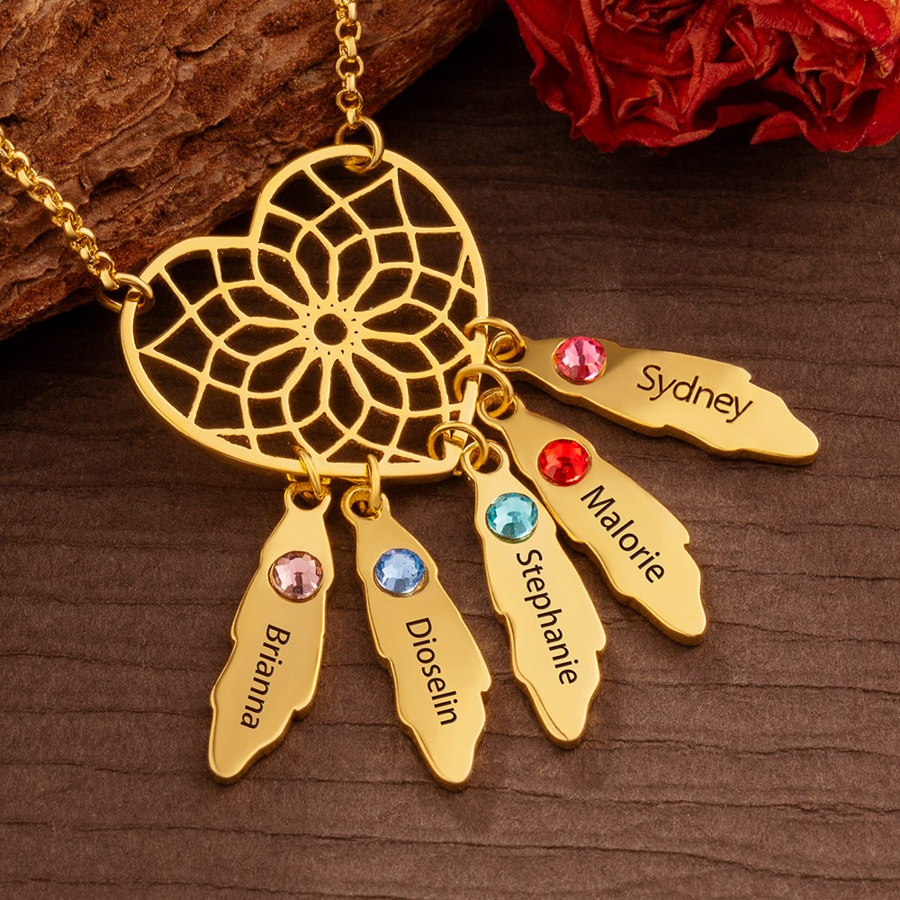 Personalized Heart Dream Net Necklace with Names and Birthstones For Mom Mother's Day