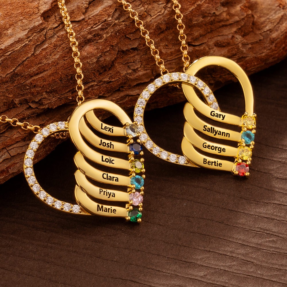 Personalized Heart Necklace with Names and Birthstones For Mom Mother's Day