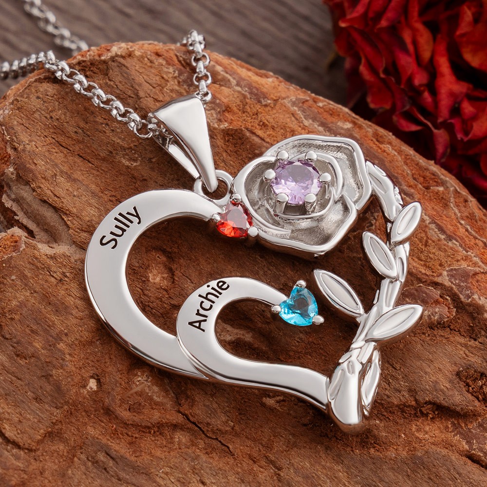 Personalized Rose Heart Necklace with Name and Birthstone For Mother's Day Gift