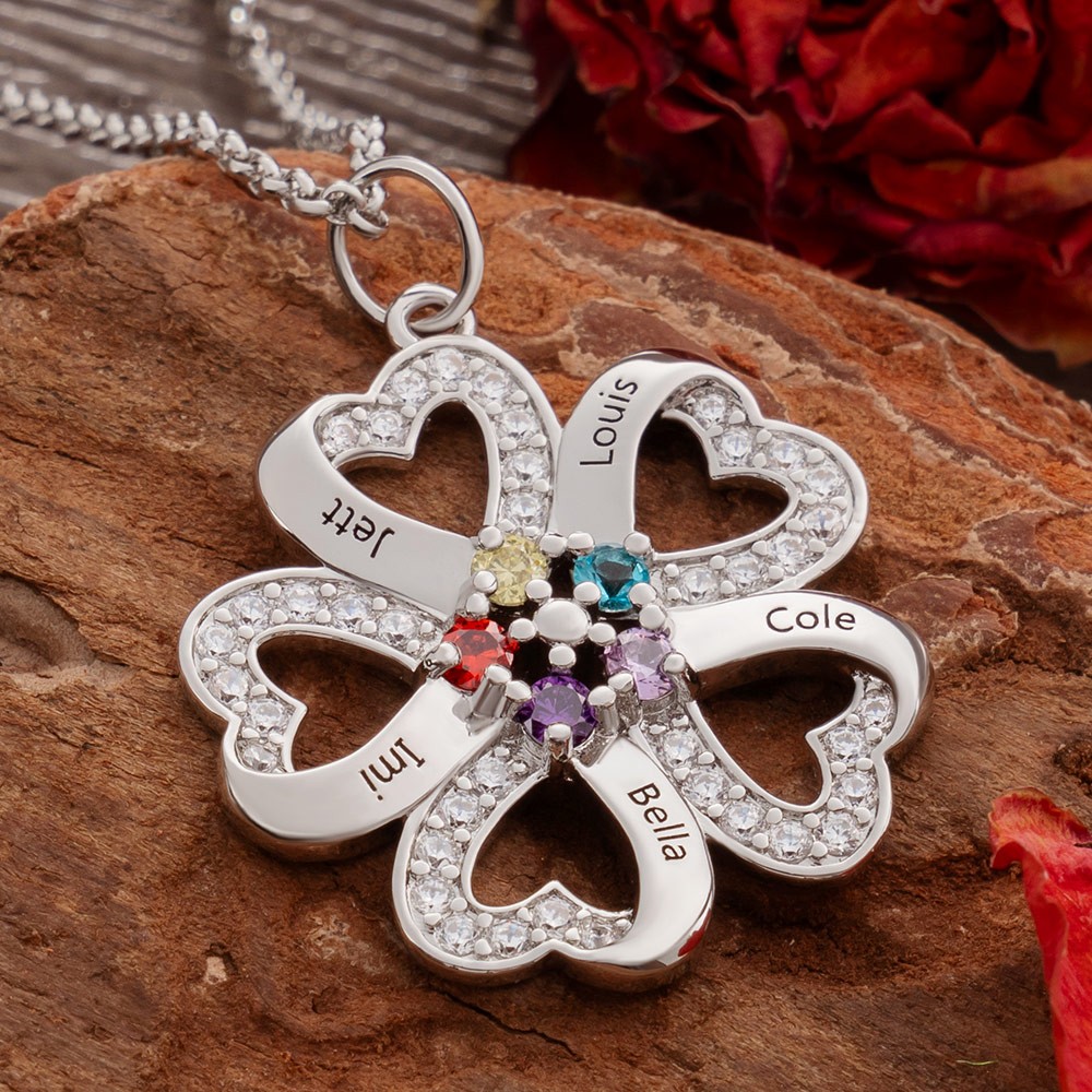 Personalized Flower Necklace with Names and Birthstone For Mother's Day Gift