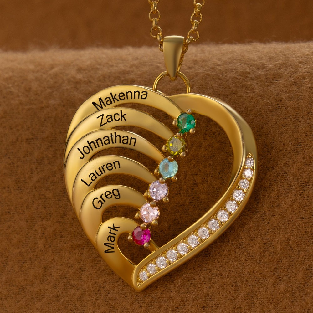 Custom Heart Necklaces With Names and Birthstones For Mother's Day Gift