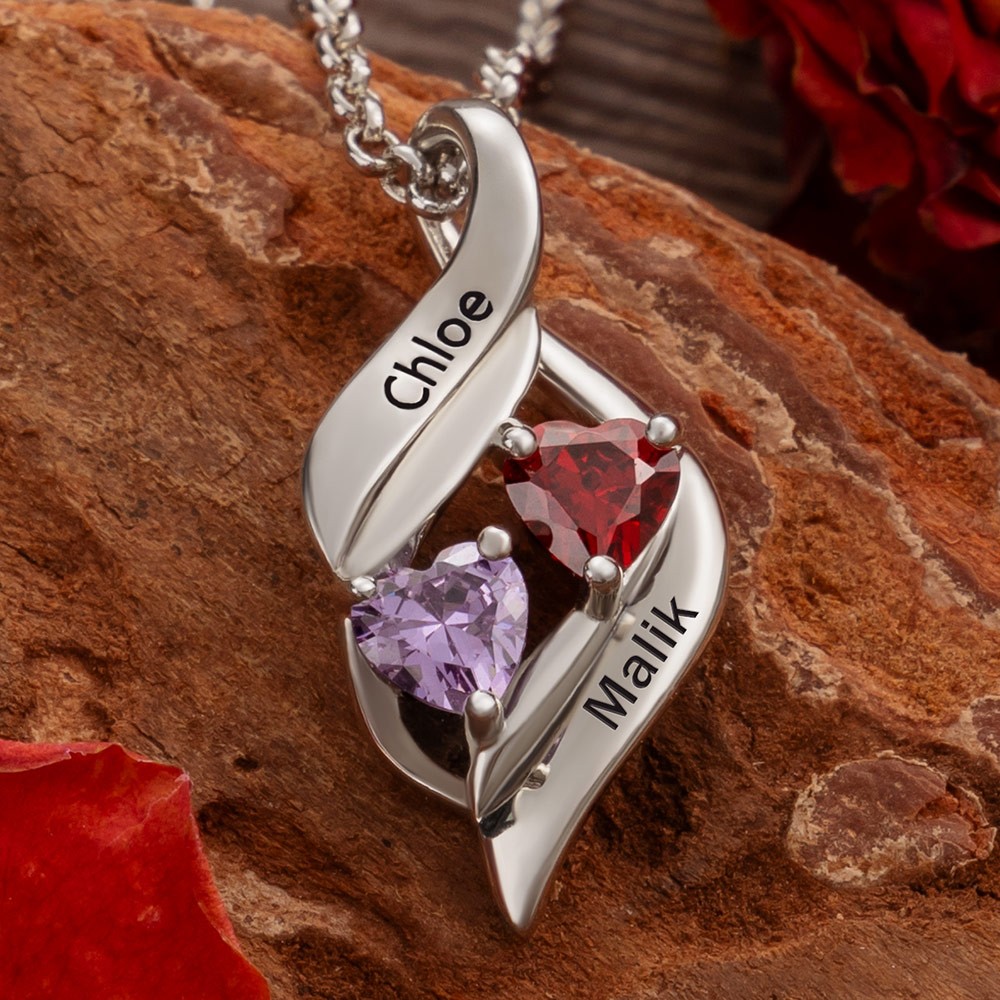 Custom Couple Names Necklace With Birthstones For Valentine's Day Gifts