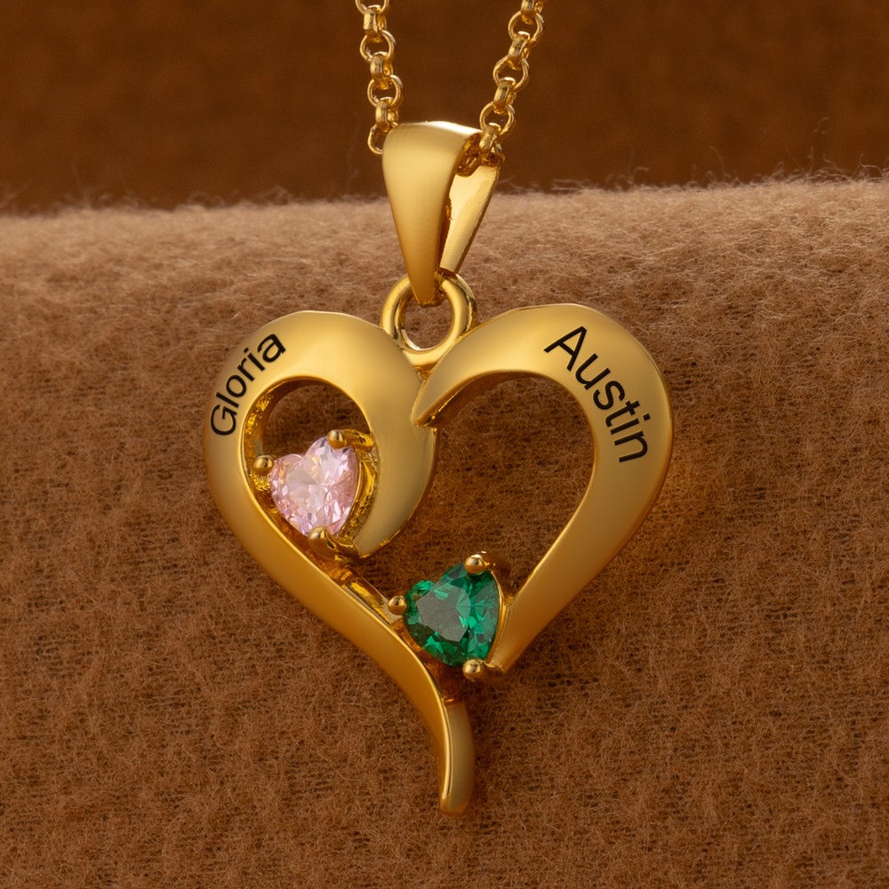 Custom Couple Names Heart Necklace With Birthstones Valentine's Day Gifts