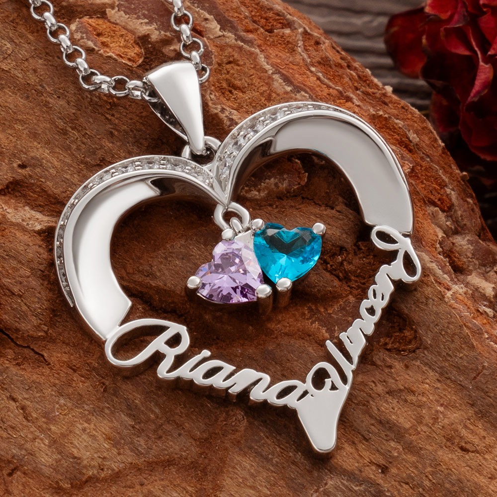 Personalized Heart Necklaces With 2 Names and Birthstones For Soulmate Girlfriend Valentine's Day