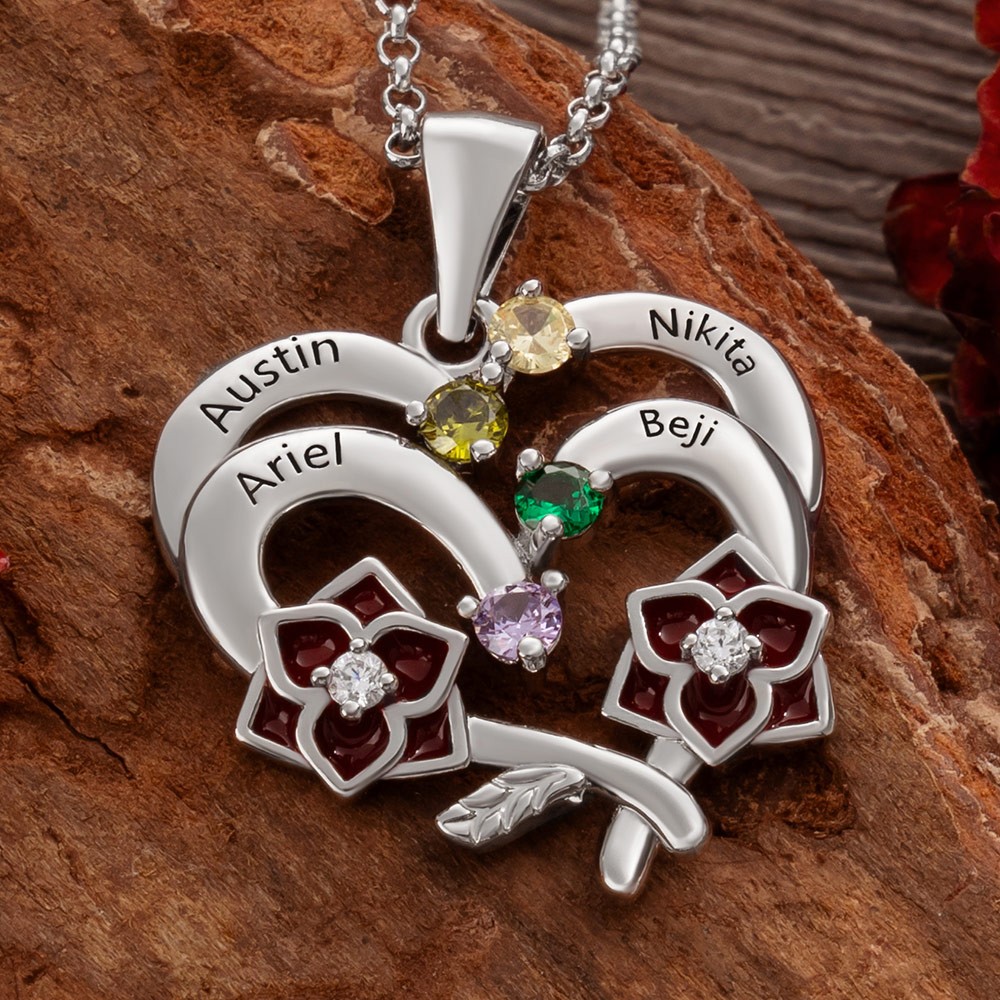 Custom Flower Heart Name Necklace with Birthstone For Mother's Day Gift