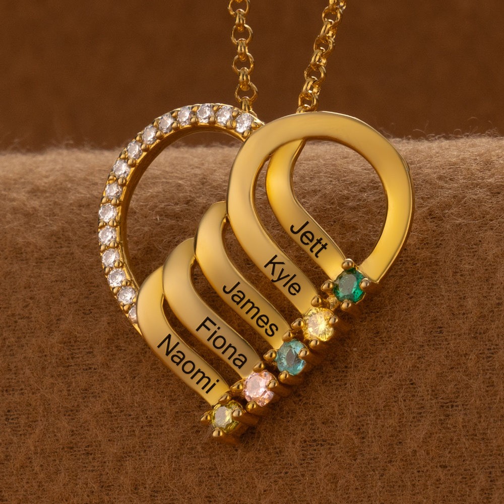 Custom Heart Necklaces With Names and Birthstones For Mother's Day Gift