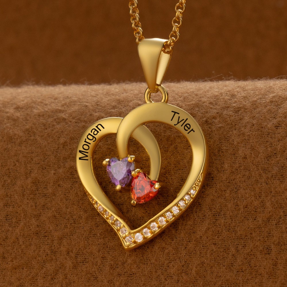 Personalized Heart Necklace with Birthstones and Names For Her