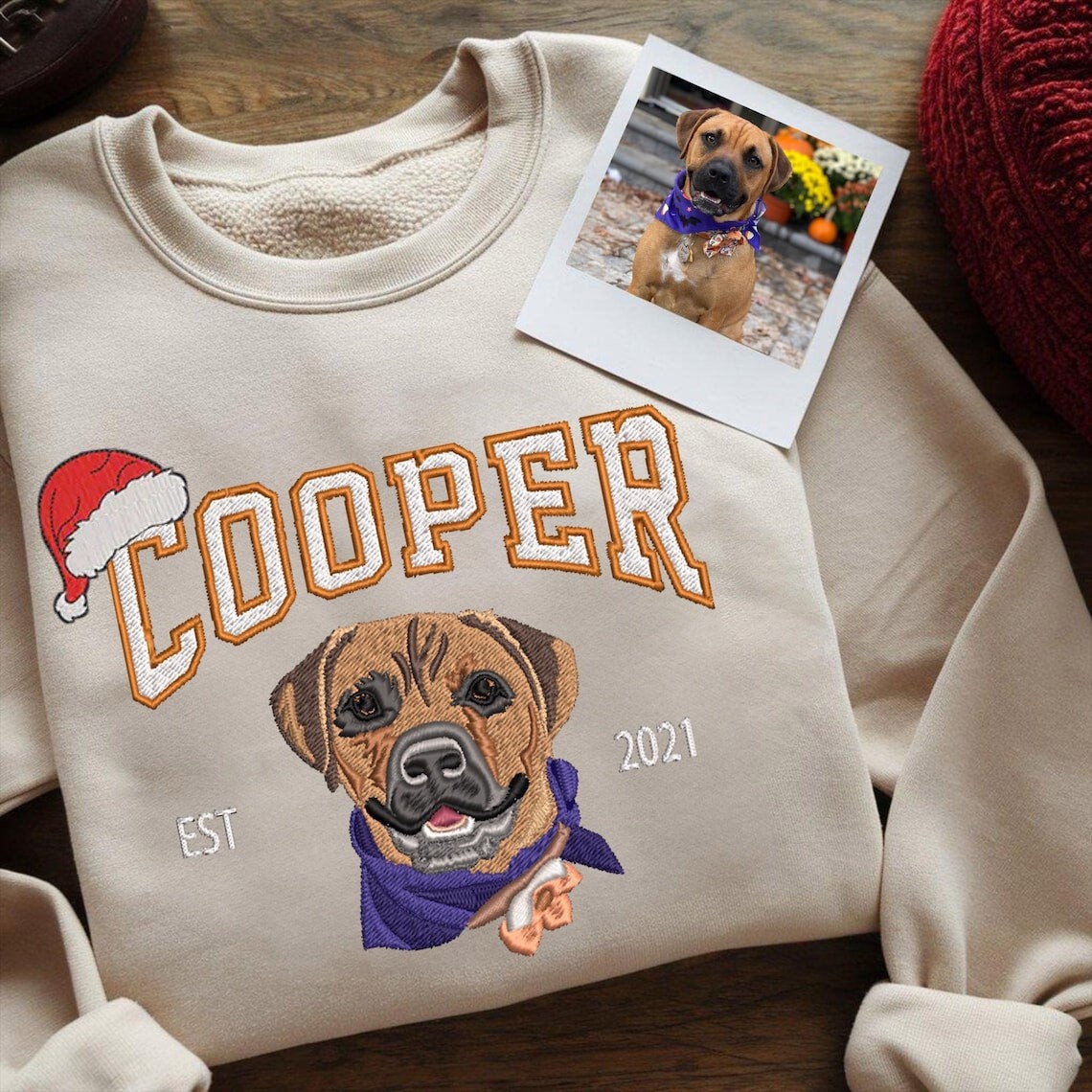 Custom Christmas Embroidered Dog Face Varsity Style Sweatshirt For Pet Lover Gift