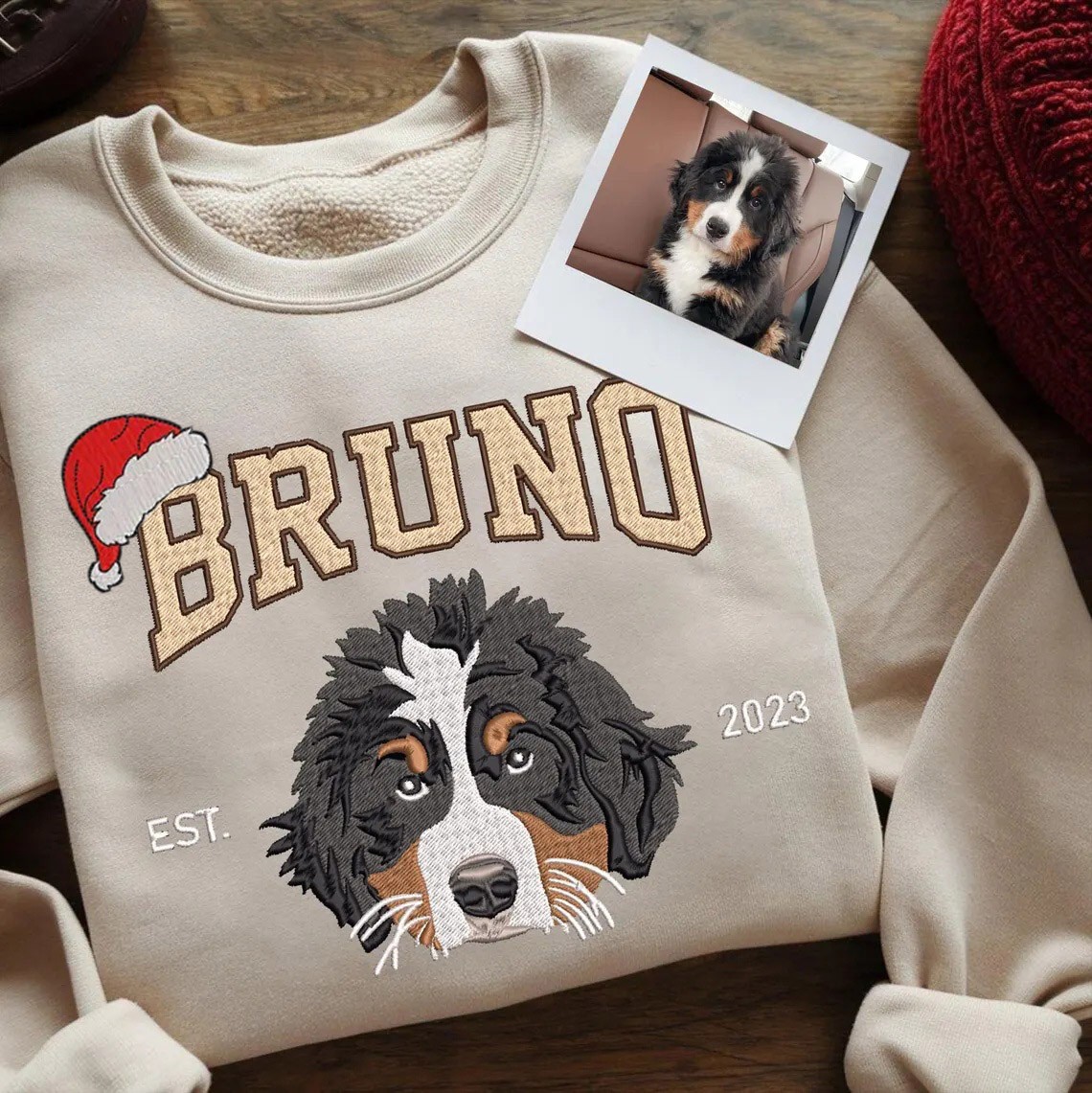 Custom Christmas Embroidered Dog Face Varsity Style Sweatshirt For Pet Lover Gift