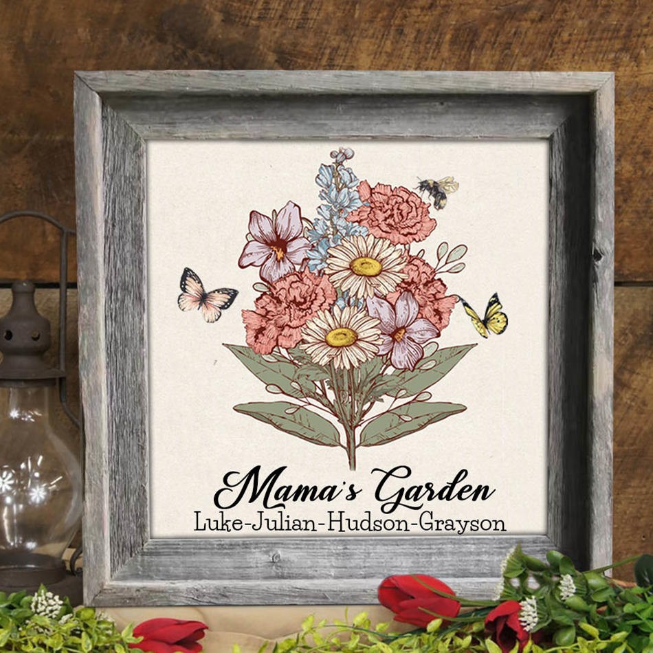 Custom Mom's Garden Birth Flower Bouquet Frame with Kids Names For Christmas Gift Ideas