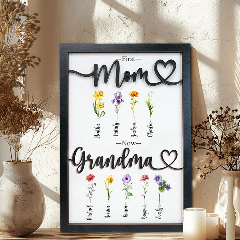 Personalized First Mom Now Grandma Birth Month Flower Wooden Sign With Kids Name Mother's Day Birthday Gift