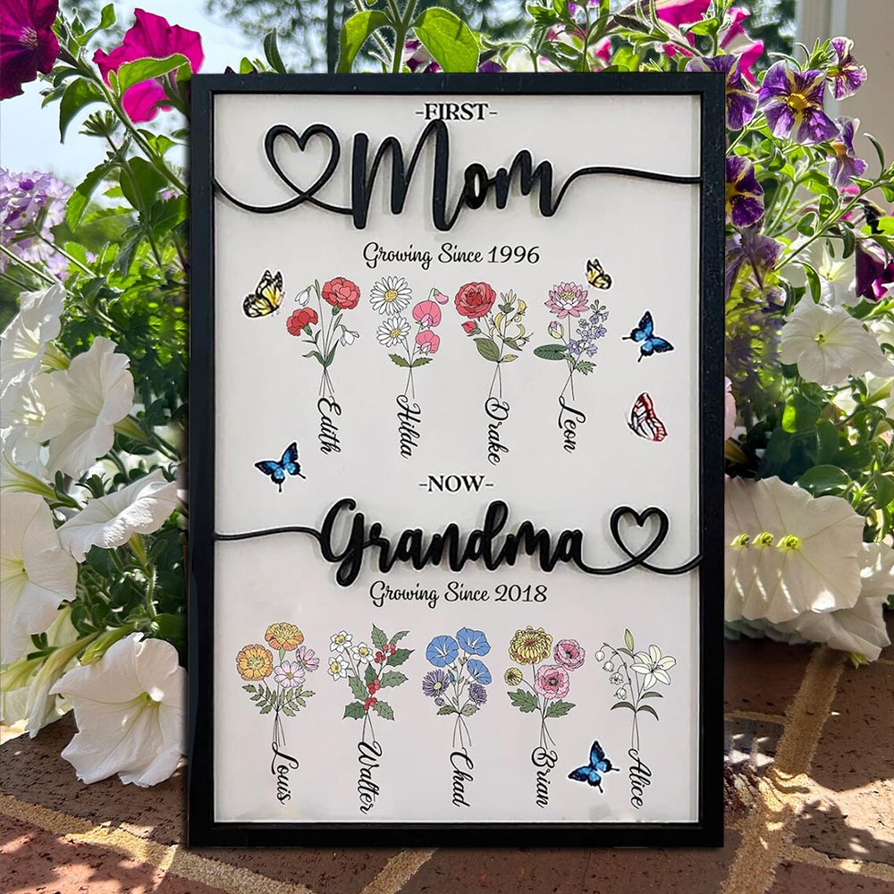 Personalized First Mom Now Grandma Birth Month Flower Wooden Sign With Kids Name Mother's Day Birthday Gift