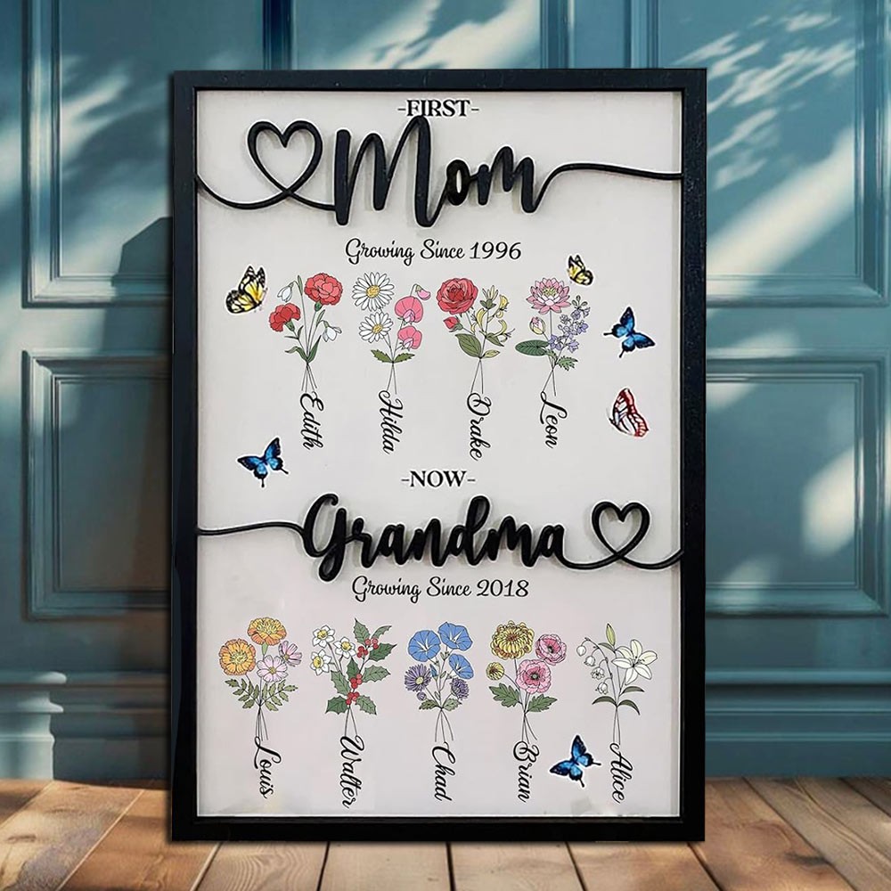 Personalized First Mom Now Grandma Birth Month Flower Wooden Sign With Kids Name Mother's Day Birthday Gift