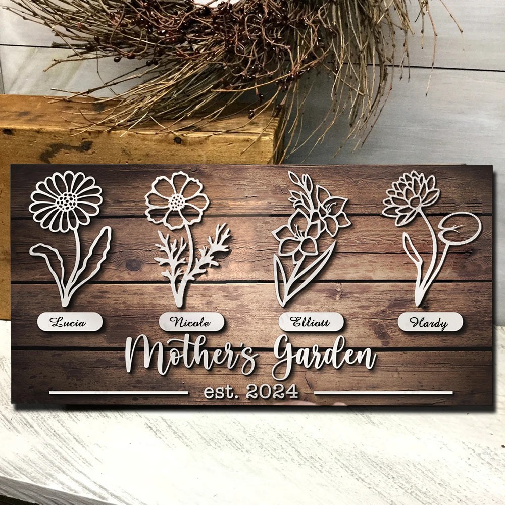 Personalized Mom's Garden Birth Flower Wood Sign Home Art Decor For Grandma Mom Christmas Gift