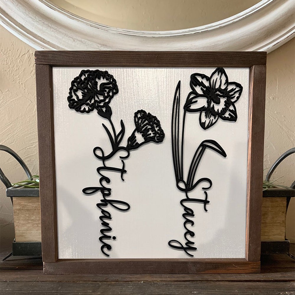 Custom Birth Flower Frame With Kids Name Home Art Decor For Grandma Mom Christmas Gift