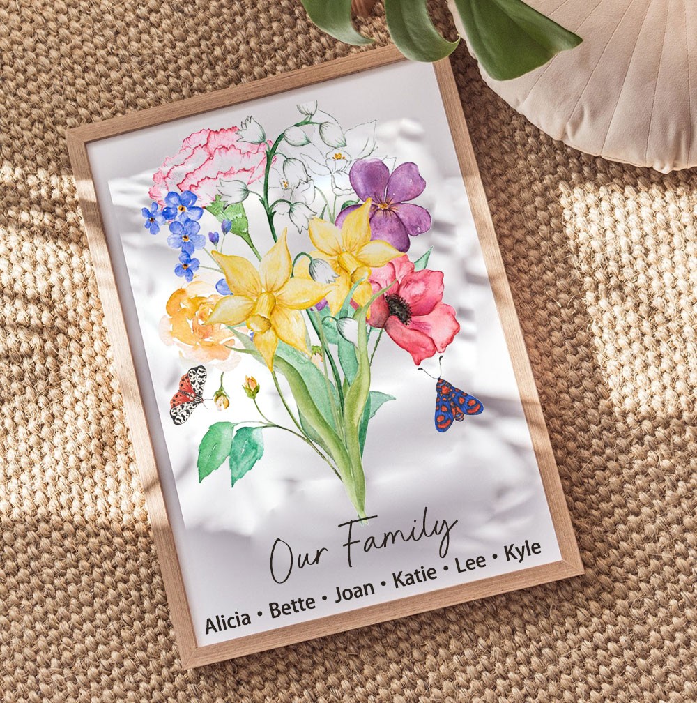 Custom Birth Flower Bouquet Frame Home Art For Mom Grandma Christmas Gift