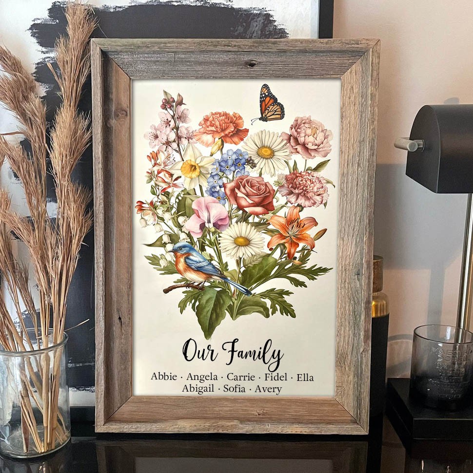 Custom Birth Flower Bouquet Frame Home Art For Mom Grandma Christmas Gift