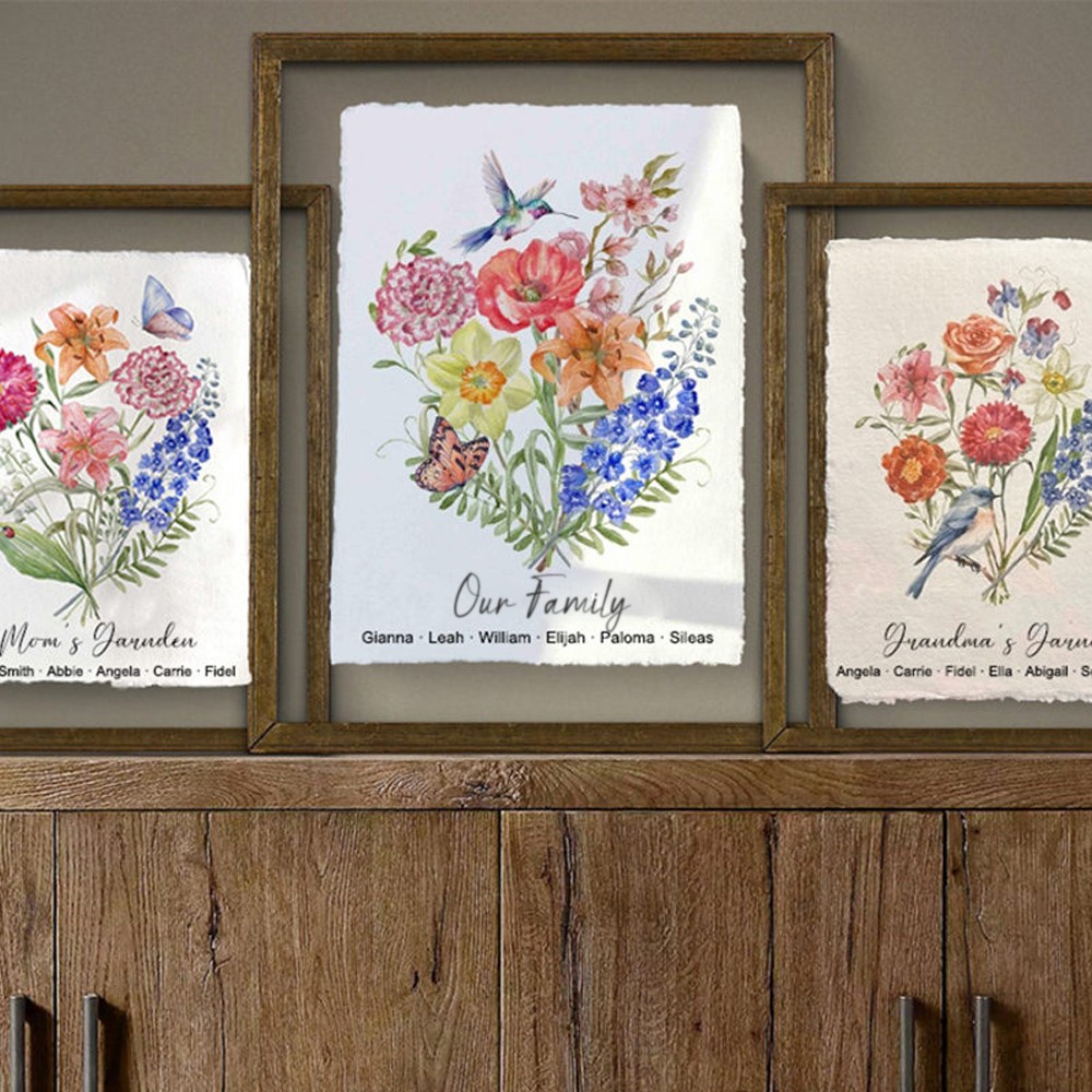 Custom Birth Flower Bouquet Frame Antique Home Art For Mom Grandma Christmas Gift