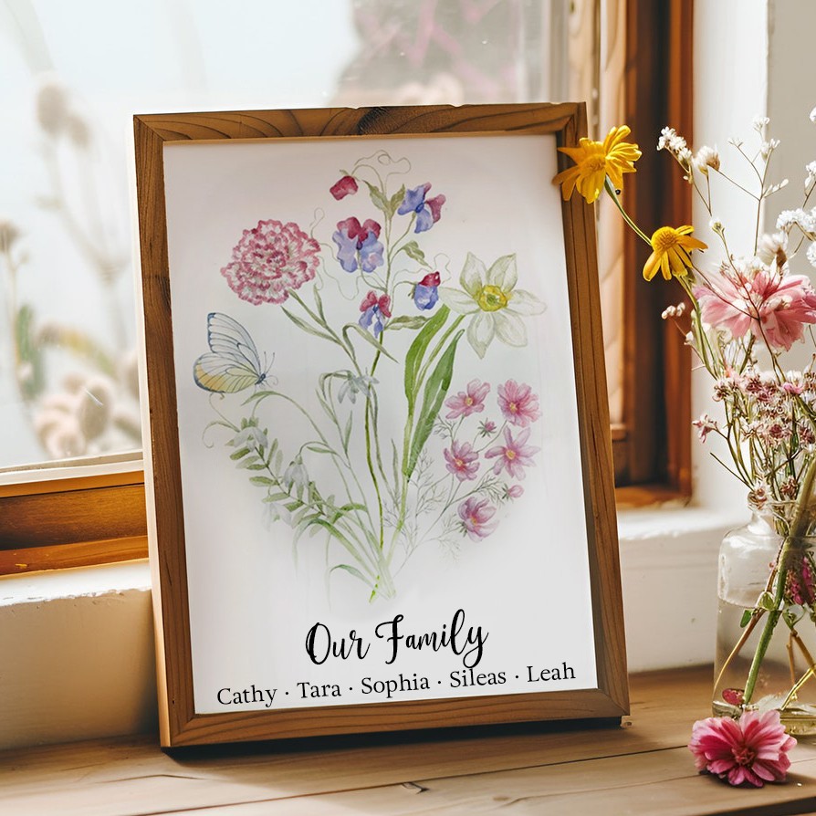 Custom Birth Flower Bouquet Frame Home Art For Mom Grandma Christmas Gift