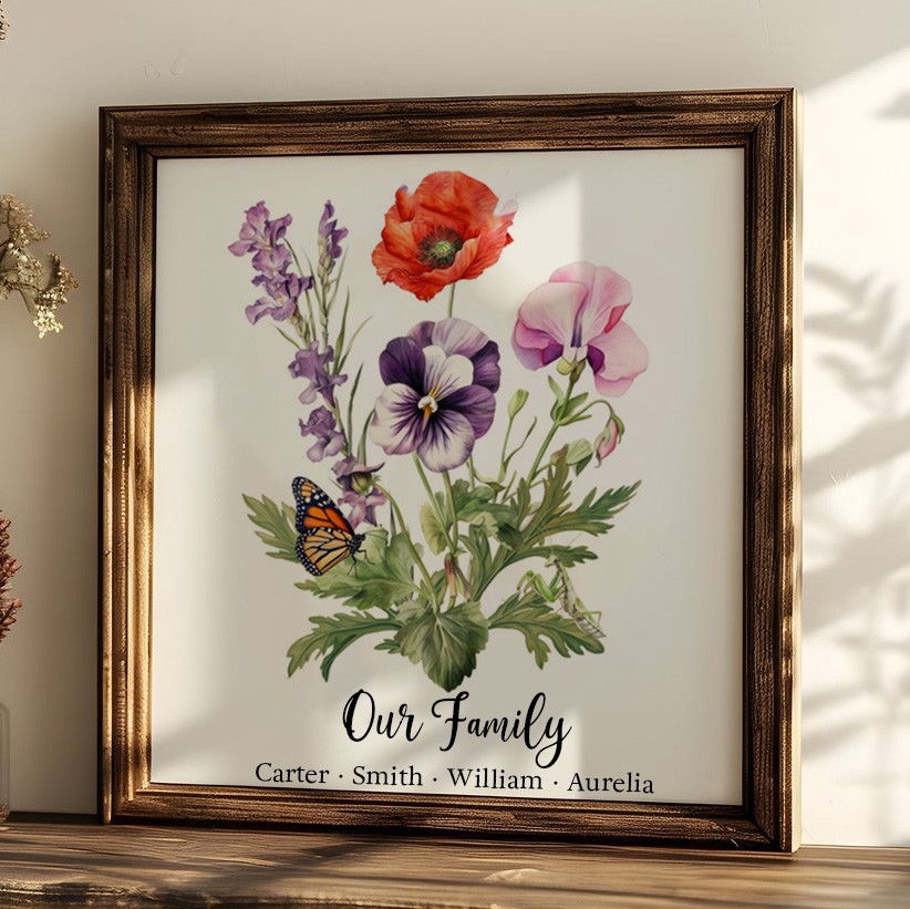 Custom Birth Flower Bouquet Frame Home Art For Mom Grandma Christmas Gift