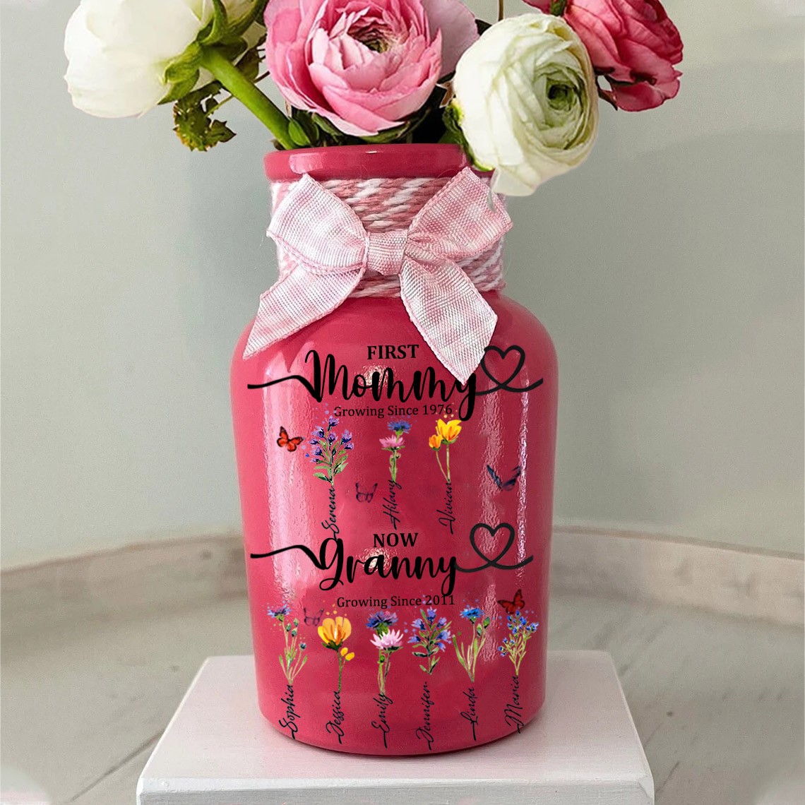 First Mom Now Grandma Personalized Birth Flower Vase For Christmas Gift Ideas