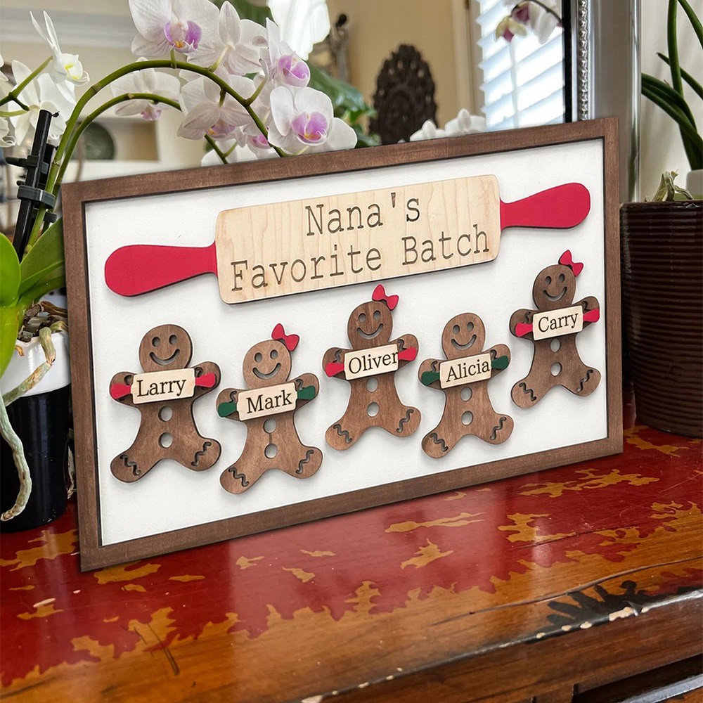 Personalized Nana's Favorite Batch Christmas Gingerbread Family Wood Sign With Grandchildren Names Gift