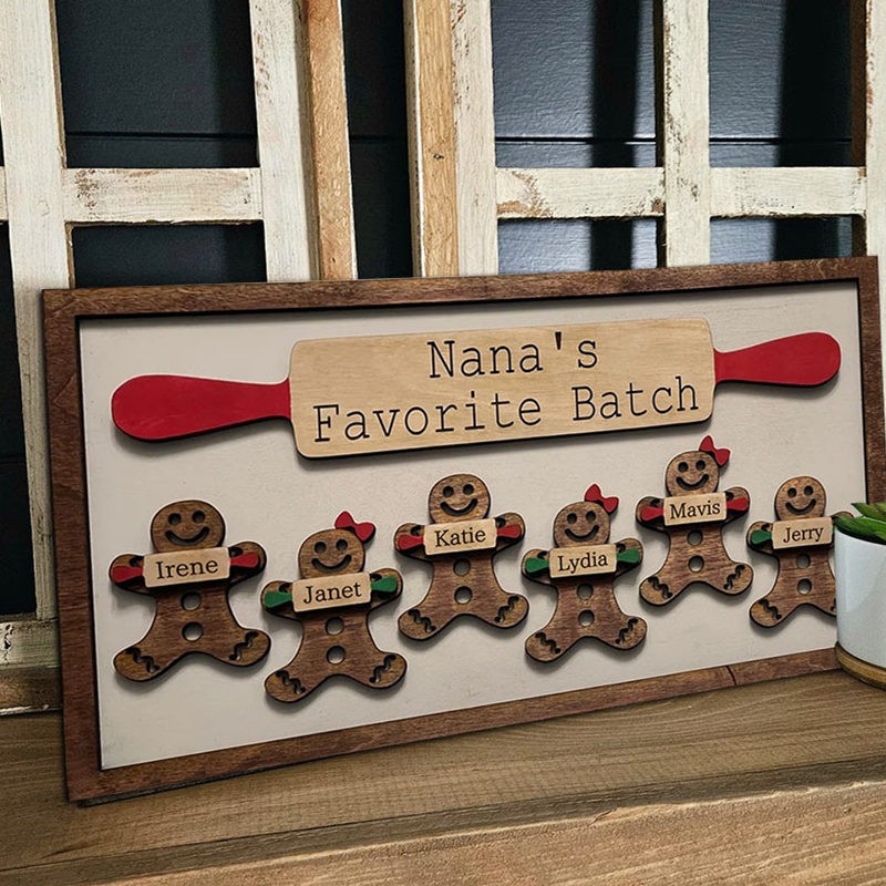 Personalized Nana's Favorite Batch Christmas Gingerbread Family Wood Sign With Grandchildren Names Gift