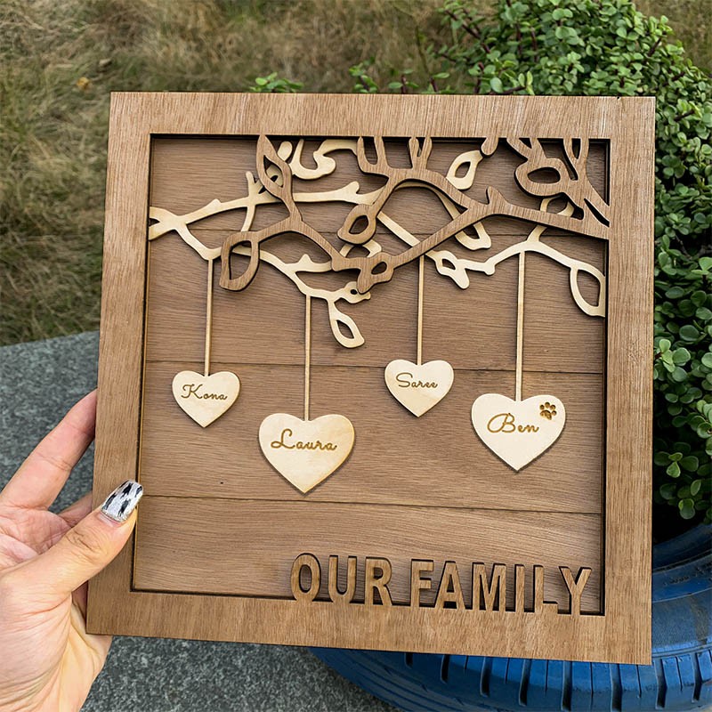 Personalized Family Tree Wood Frame Sign with Kids Name For Christmas Family Gift