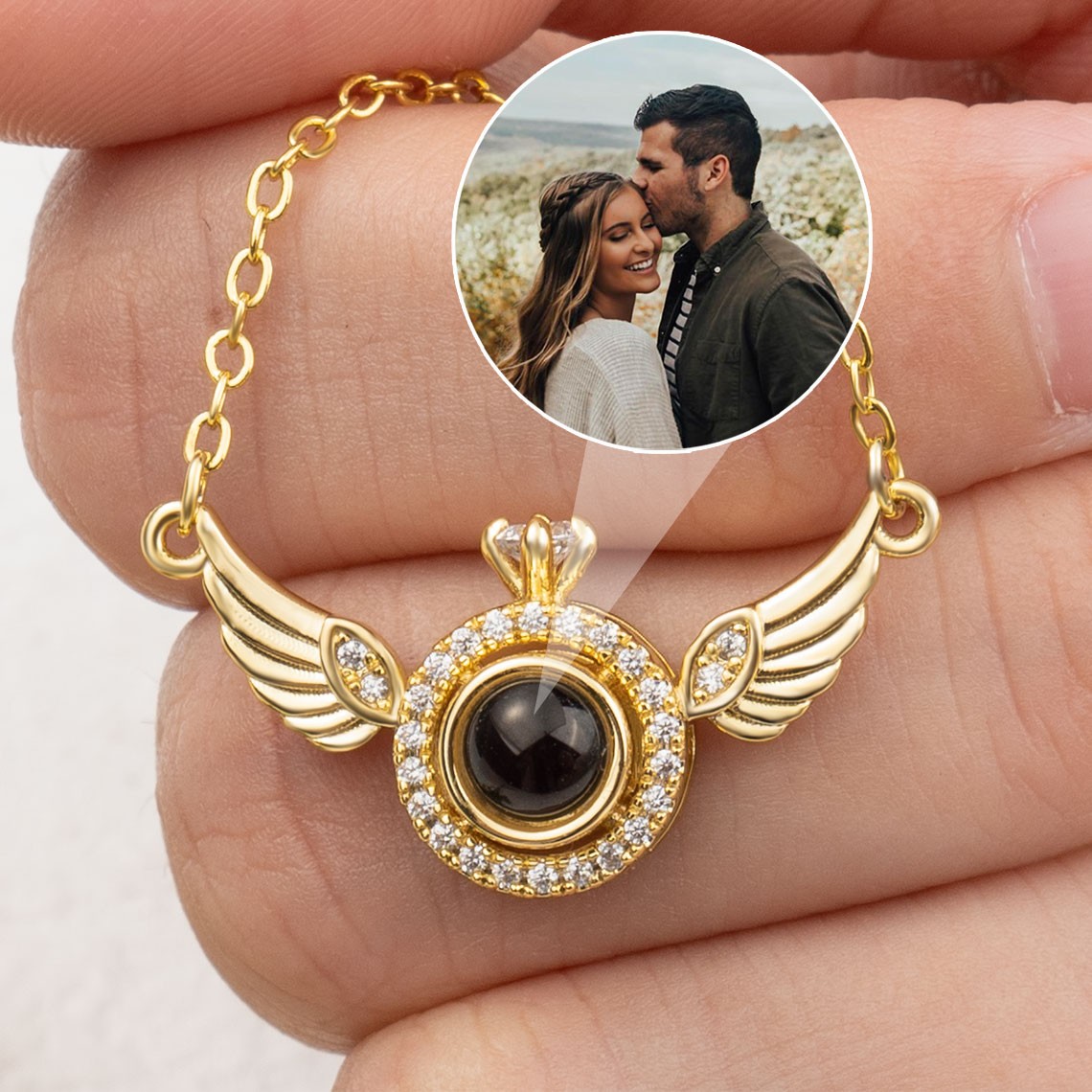 Personalized Angel Wing Photo Projection Charm Necklace For Soulmate Valentine's Day