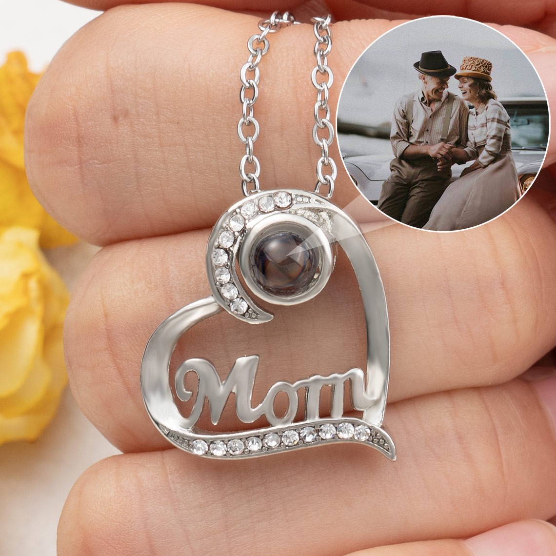 Personalized Heart Photo Projection Charm Necklace For Mom Mother's Day