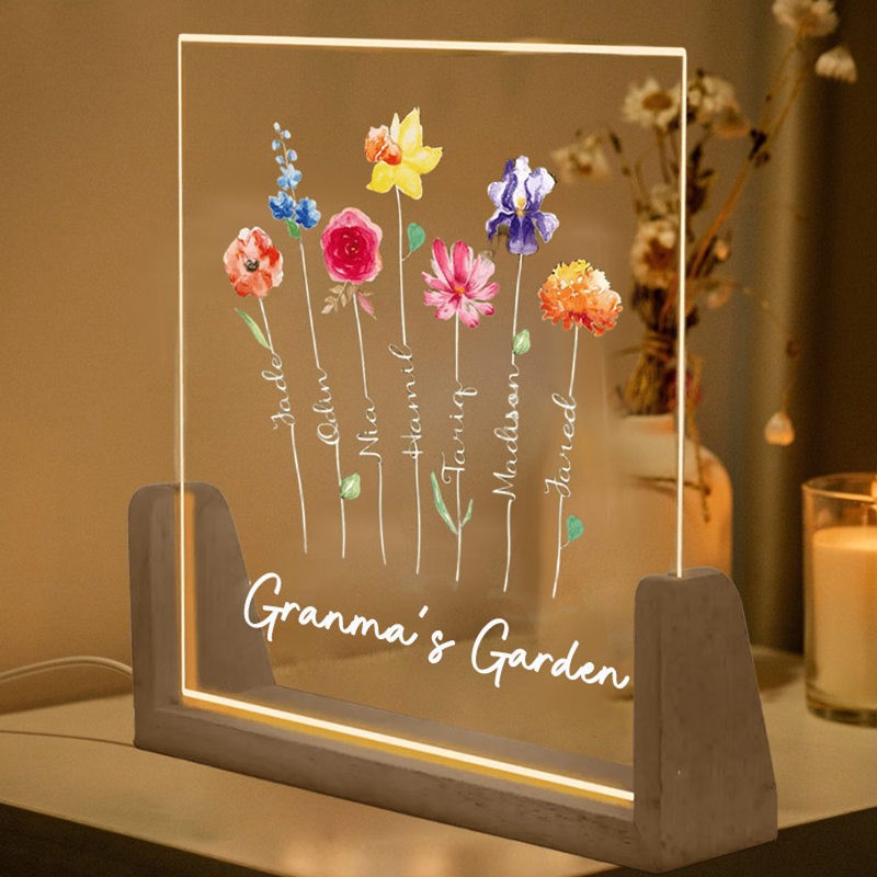 Personalized Grandma's Garden Birth Month Flower LED Night Light with Grandchildren Name For Mom Grandma Birthday Mother's Day Gift