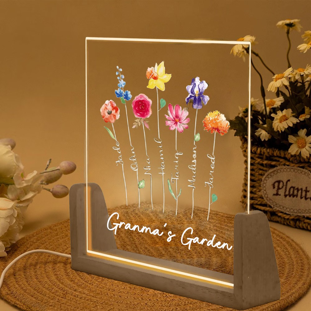 Personalized Grandma's Garden Birth Month Flower LED Night Light with Grandchildren Name For Mom Grandma Birthday Mother's Day Gift