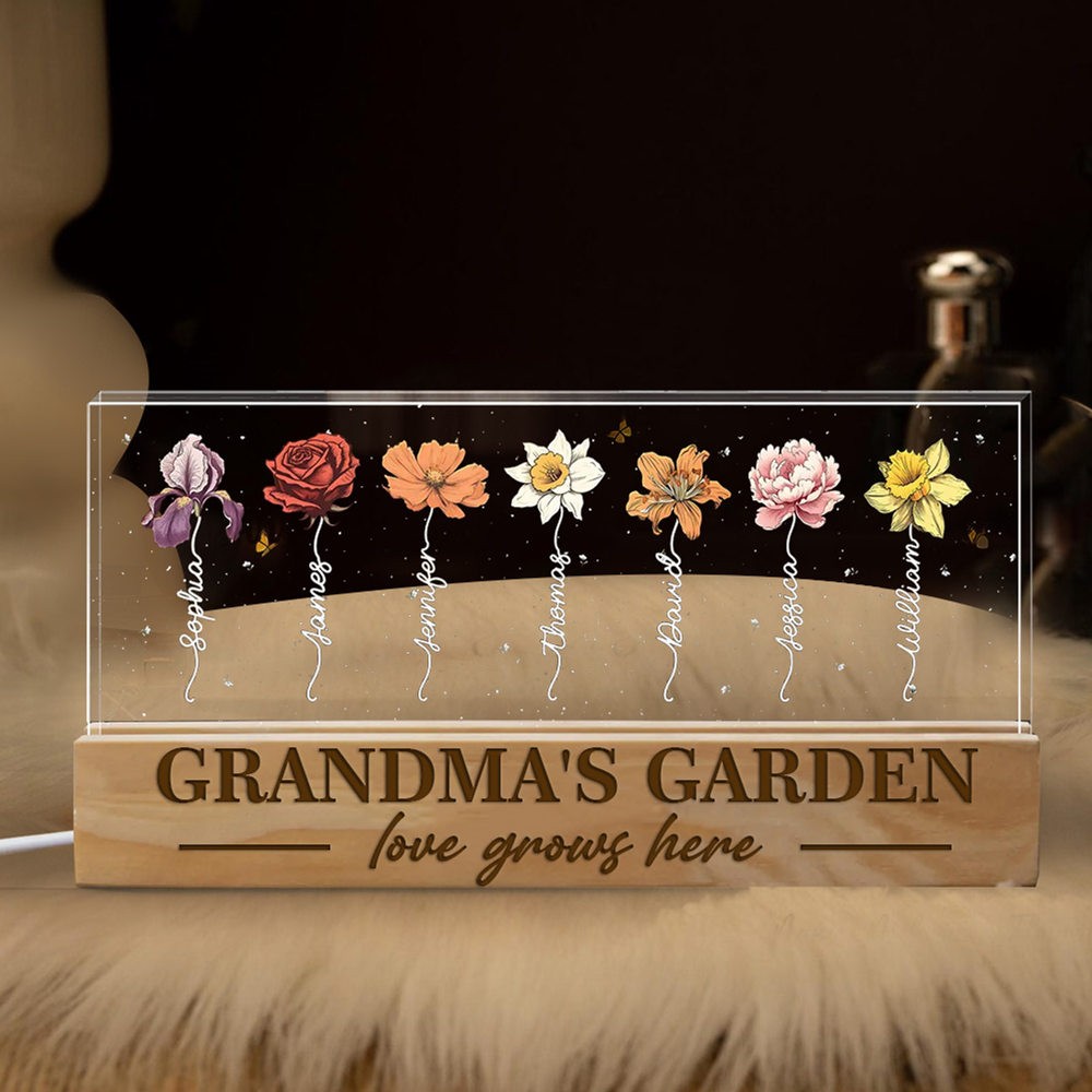 Personalized Grandma's Garden Birth Month Flower LED Night Light with Grandchildren Name For Mom Grandma Birthday Mother's Day Gift