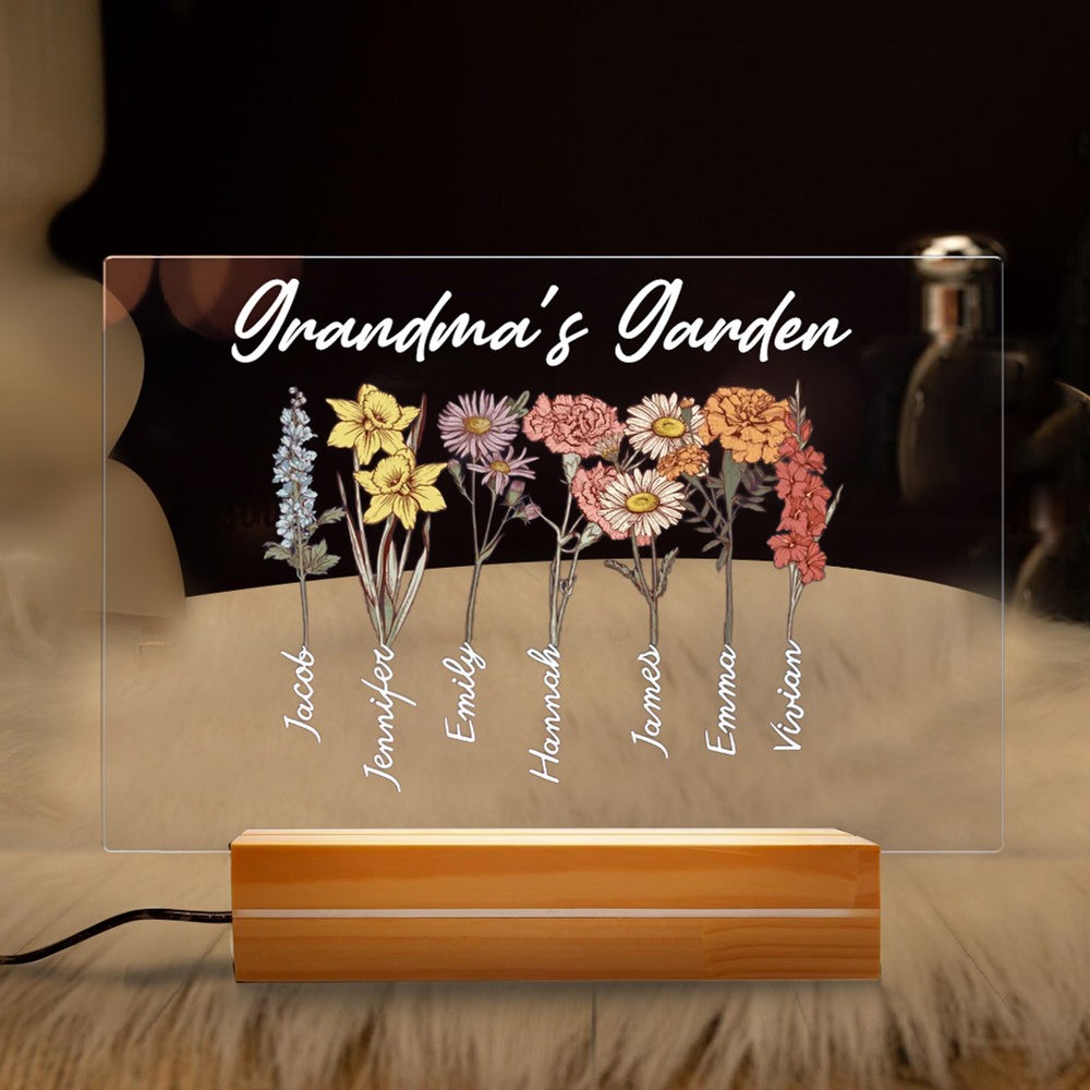 Personalized Grandma's Garden Birth Month Flower LED Night Light with Grandchildren Name For Mom Grandma Birthday Mother's Day Gift