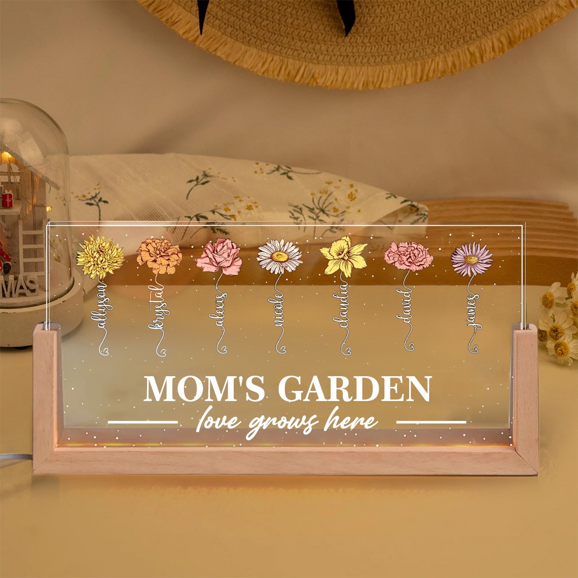 Personalized Mom's Garden Birth Month Flower LED Night Light with Kids Name For Mom Grandma Birthday Mother's Day Gift