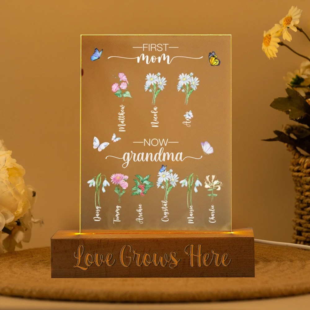 Custom First Mom Now Grandma Birth Month Flower Night Light With Kids Name For Mom Grandma Birthday Mother's Day Gift