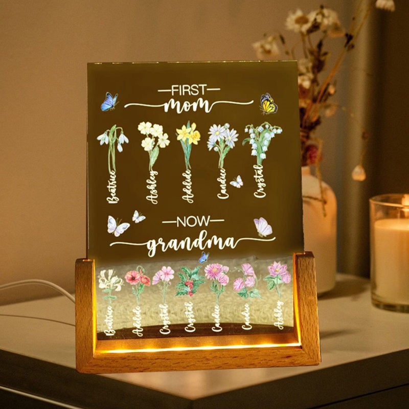 Custom First Mom Now Grandma Birth Month Flower Night Light With Kids Name For Mom Grandma Birthday Mother's Day Gift