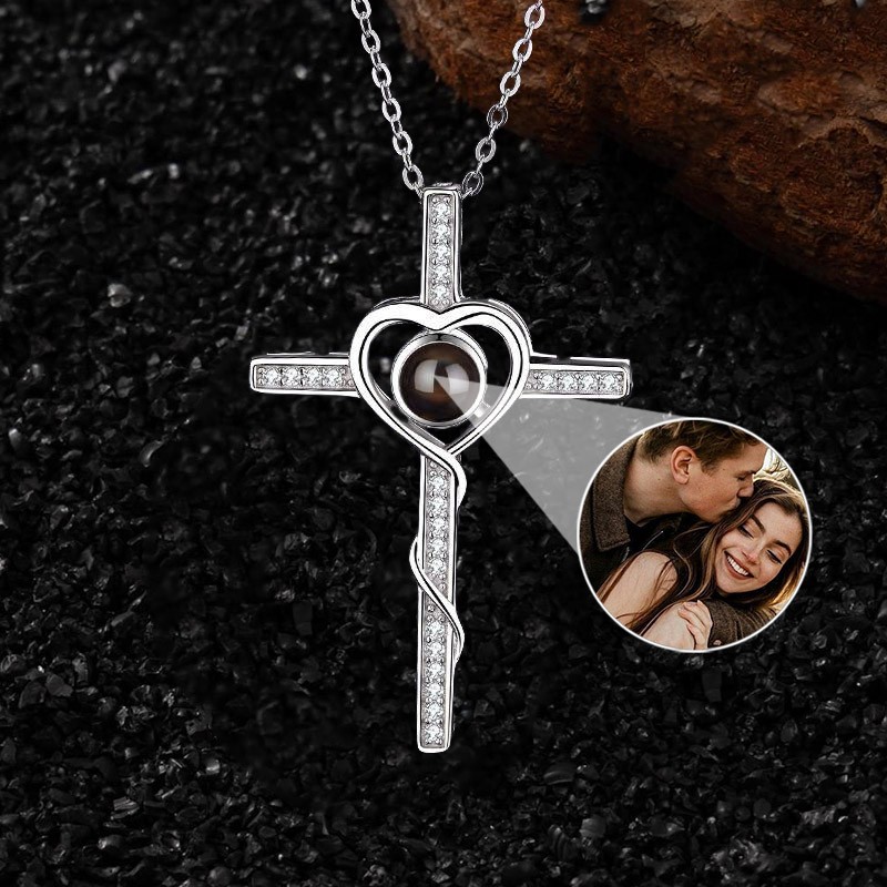 Personalized Cross Heart Memorial Photo Projection Necklace For Soulmate Valentine's Day