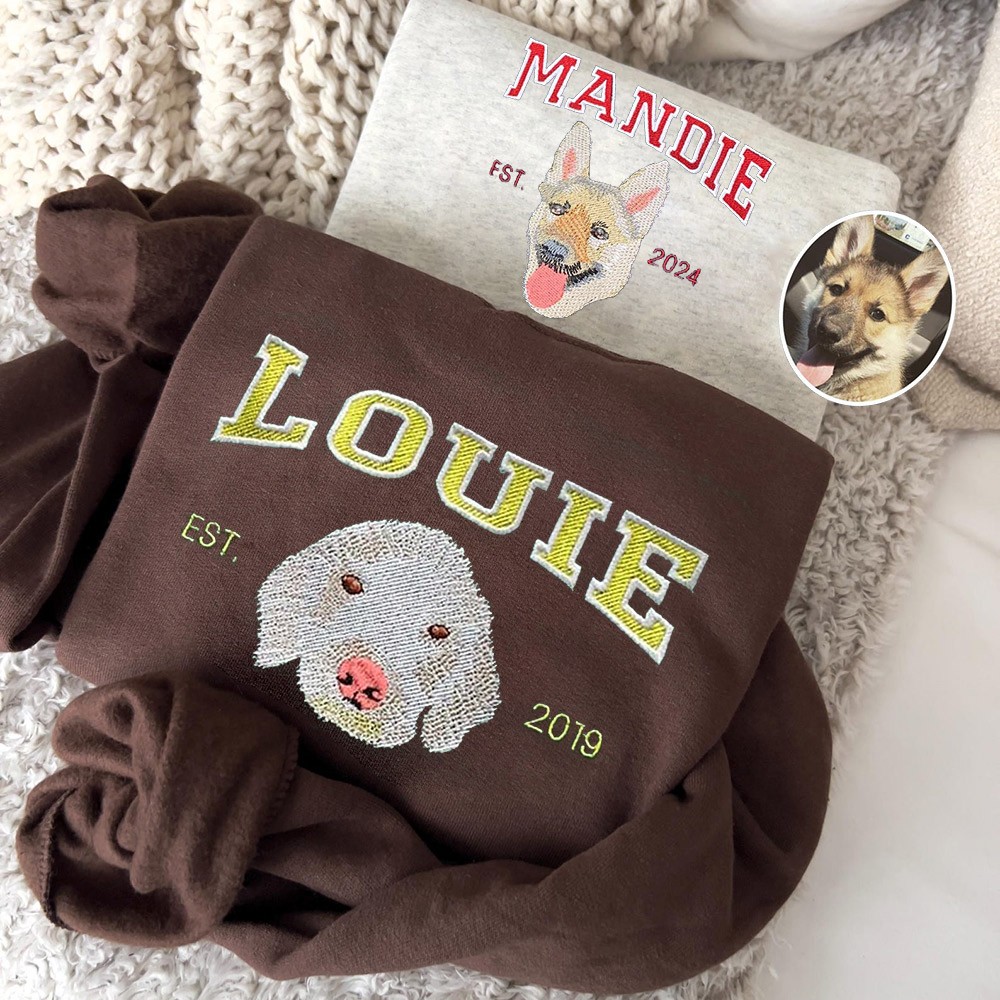 Custom Embroidered Dog Face Varsity Sweatshirt For Pet Lover Gift