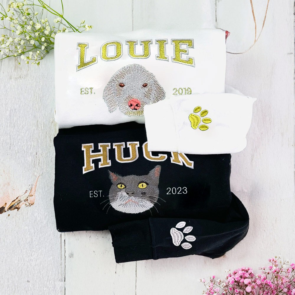 Custom Embroidered Dog Cat Face Varsity Sweatshirt For Pet Lover Gift