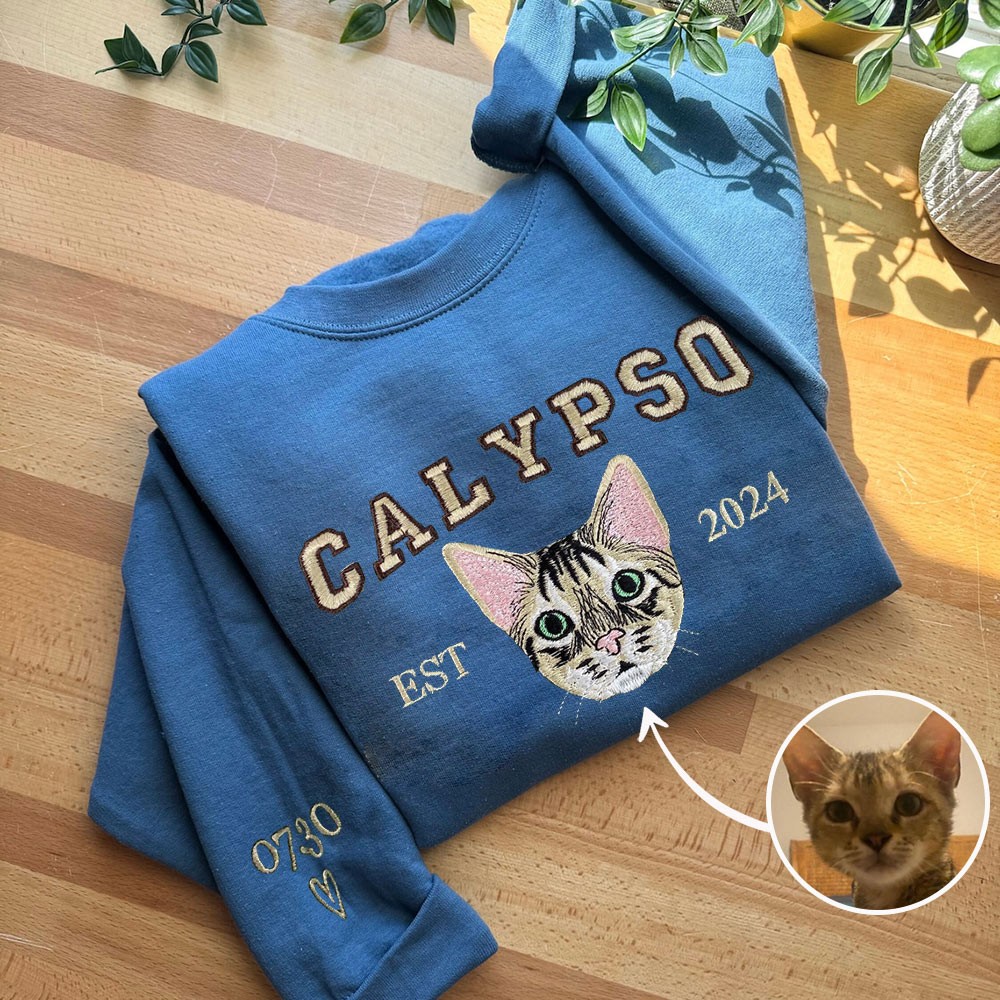 Custom Embroidered Cat Face Varsity Sweatshirt For Pet Lover Gift