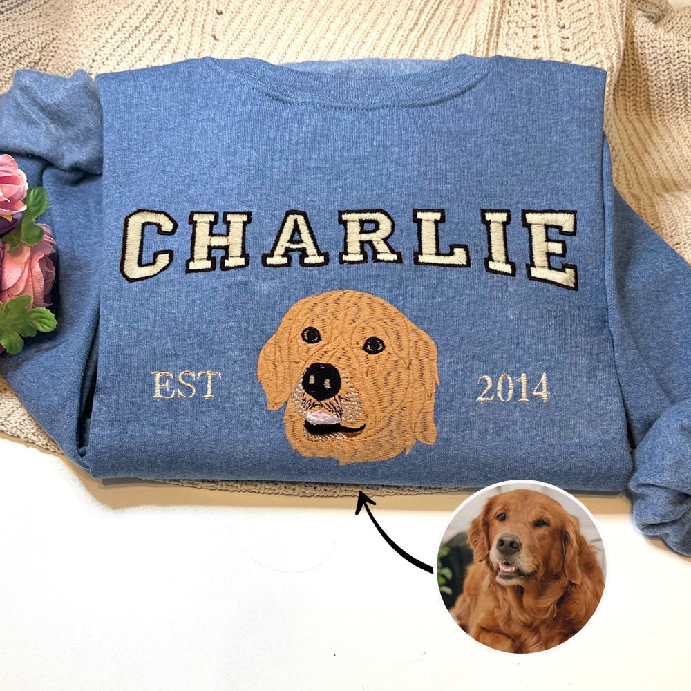 Custom Embroidered Dog Face Varsity Sweatshirt For Pet Lover Gift