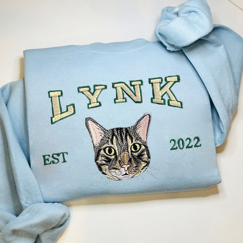 Custom Embroidered Cat Face Varsity Sweatshirt For Pet Lover Gift