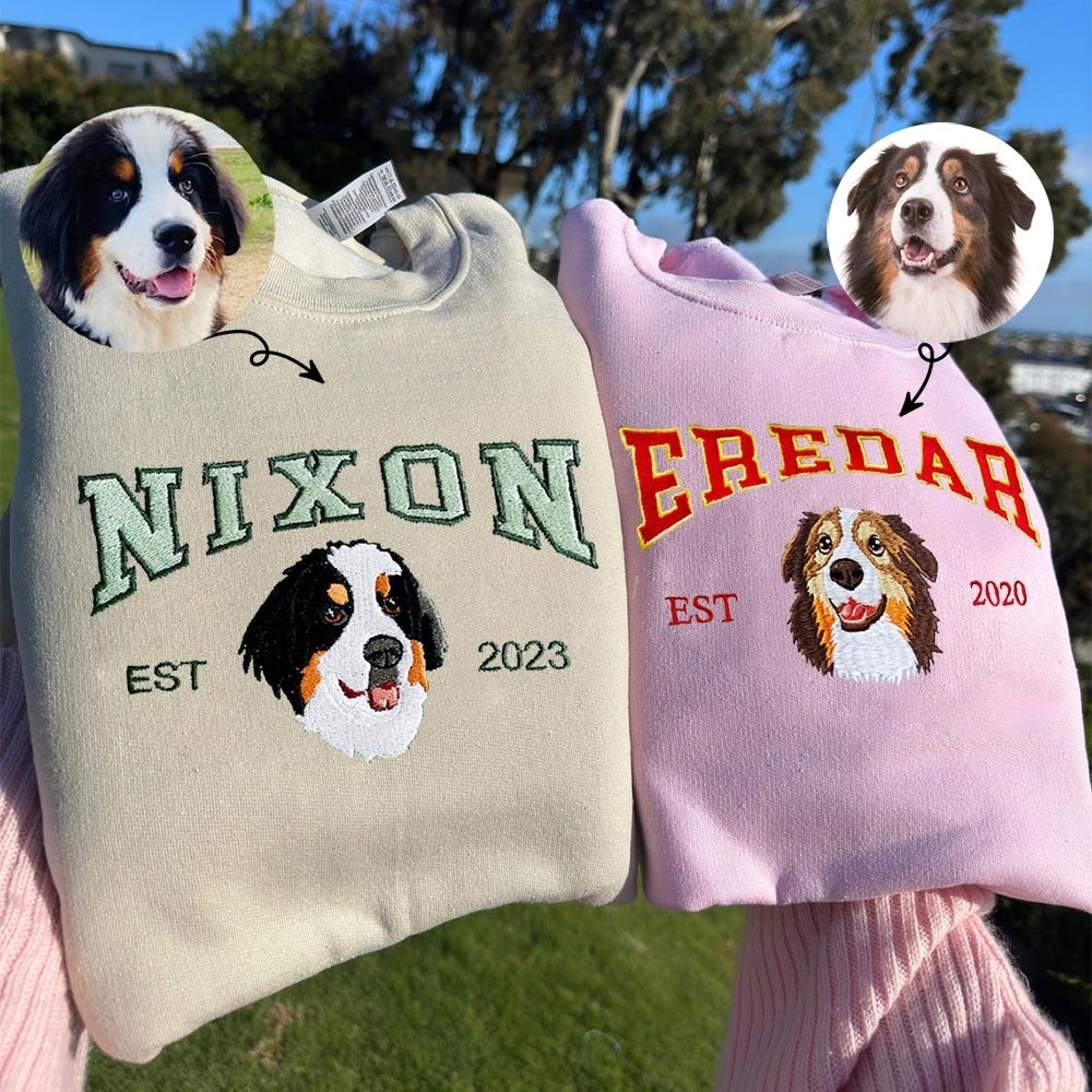 Custom Embroidered Dog Face Varsity Sweatshirt For Pet Lover Gift