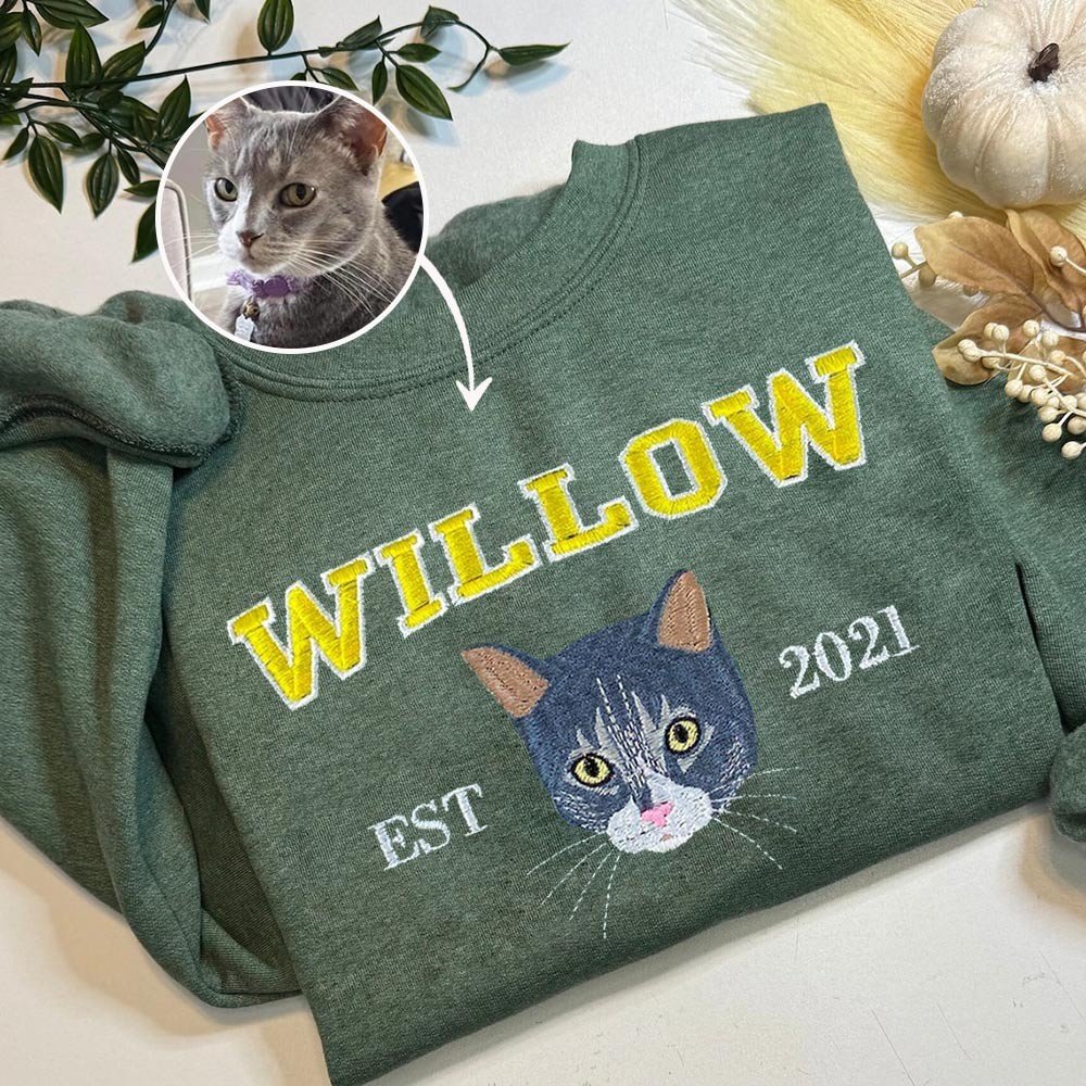 Custom Embroidered Cat Face Varsity Sweatshirt For Pet Lover Gift