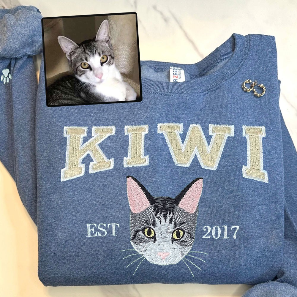 Custom Embroidered Cat Face Varsity Sweatshirt For Pet Lover Gift