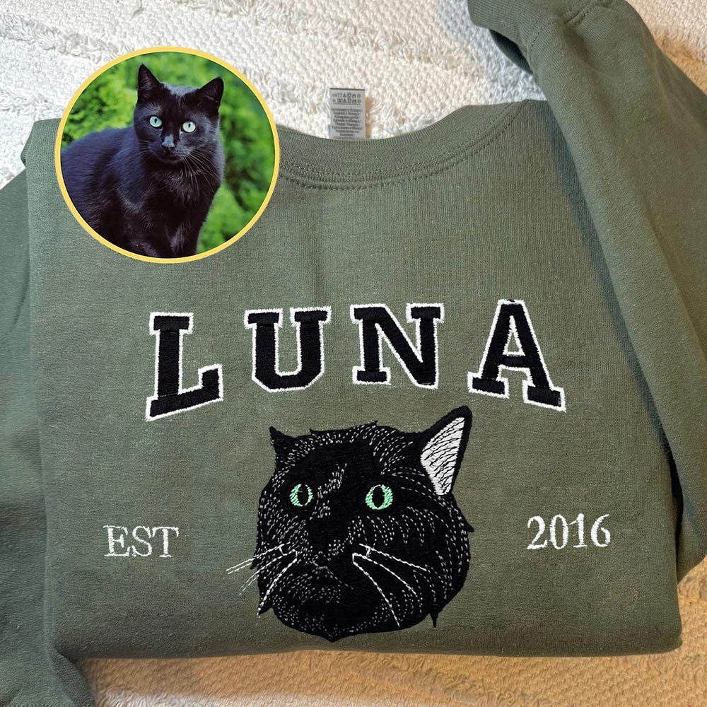 Custom Embroidered Cat Face Varsity Sweatshirt For Pet Lover Gift