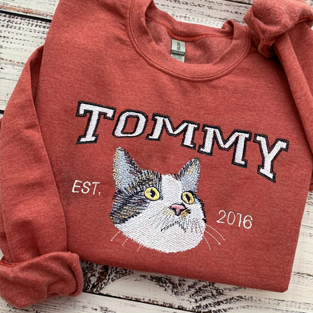 Custom Embroidered Cat Face Varsity Sweatshirt For Pet Lover Gift